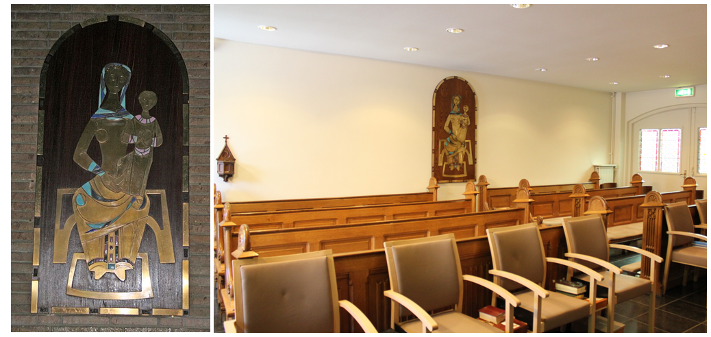 Foto links: Het icoon, voor de restauratie, in de Kapel van het Franse Klooster (anno 2008). Foto rechts: Het icoon heeft in 2016, na de restauratie, een nieuwe bestemming gekregen in de kapel van het klooster van de "Liefdezusters van het Kostbaar Bloed" op de Windraak. (foto: Stichting Behoud Franse Klooster)