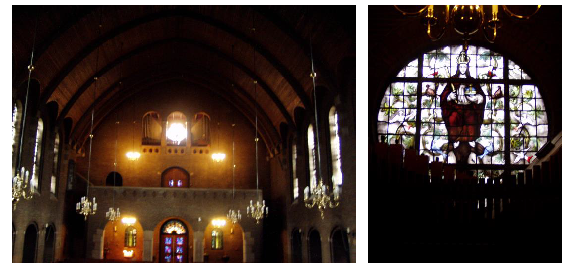 zicht op het oksaal met orgel en rond glas-in-lood raam (J. Nicolas) achter het orgel